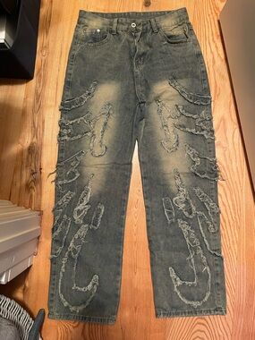 Distressed Grey Denim Jeans Streetwear